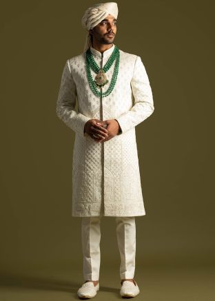 Mens Cream Embroidered Sherwani Set