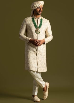 Cream Readymade Sherwani Set In Thread Embroidery