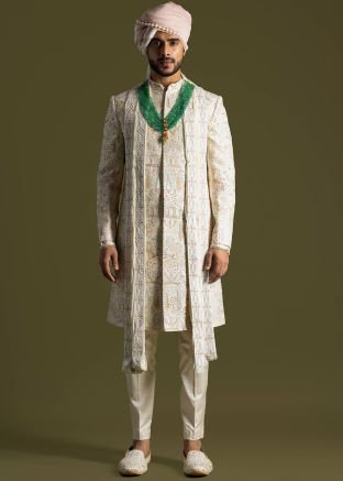 Cream Mens Readymade Sherwani Set & Stole