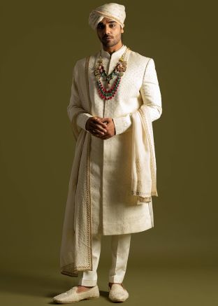 Cream Linen Embroidered Sherwani Set & Stole