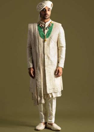 Beige Embroidered Sherwani & Stole In Silk