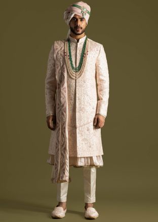 Readymade Pink Mens Silk Sherwani Set & Stole