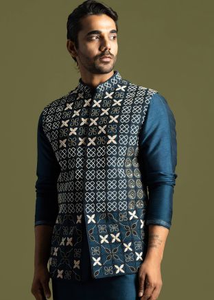 Teal Blue Embroidered Nehru Jacket In Silk