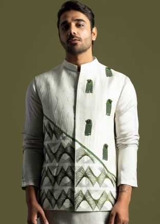 Grey Embroidered Mens Silk Nehru Jacket