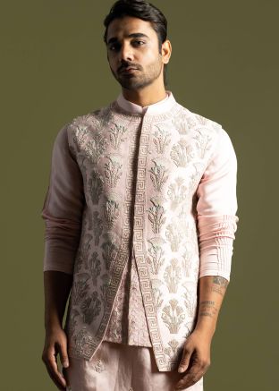 Mens Pink Thread Embroidered Nehru Jacket