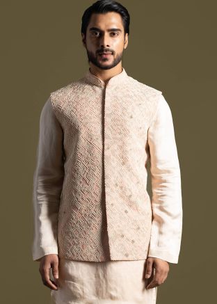 Peach Beads Embroidered Nehru Jacket