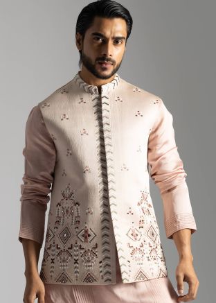 Pink Mens Cut beads Embellished Nehru Jacket