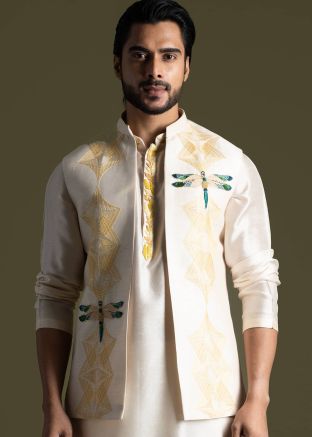 Cream Mens Embroidered Nehru Jacket