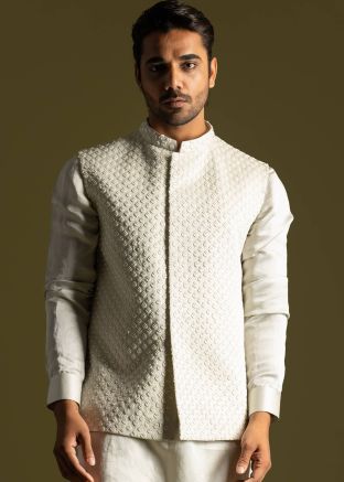 Grey Linen Mens Embroidered Nehru Jacket