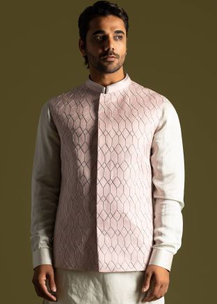 Pink Embroidered Mens Nehru Jacket