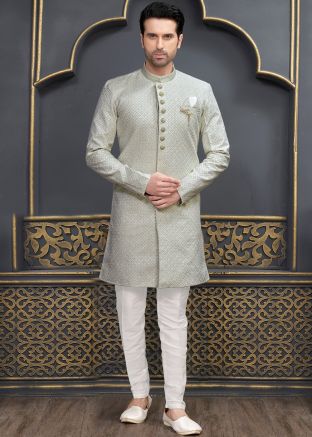 Sage Green Art Silk Sherwani In Thread Embroidery