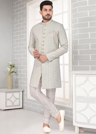 Off White Embroidered Mens Sherwani In Art Silk