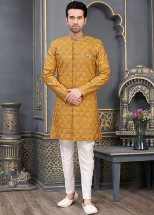 Yellow Embroidered Art Silk Mens Sherwani 