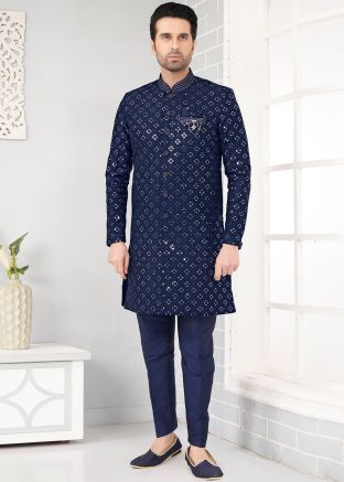 Blue Embroidered Mens Sherwani In Art Silk
