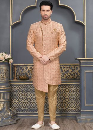 Peach Mens Indowestern Jacquard Sherwani In Woven Work