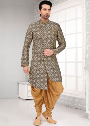 Black Woven Mens Jacquard Indowestern Sherwani & Dhoti