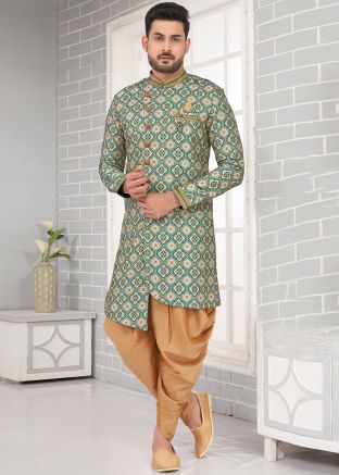 Green Jacquard Woven Mens Indowestern Dhoti Sherwani