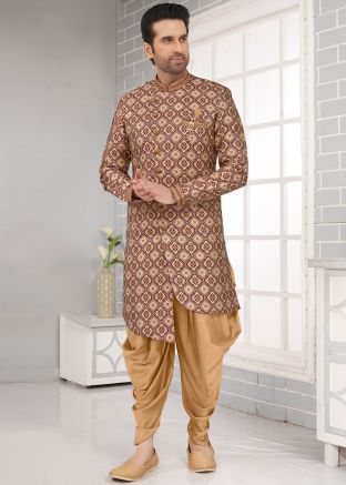 Brown Woven Indowestern Mens Jacquard Dhoti Sherwani Set