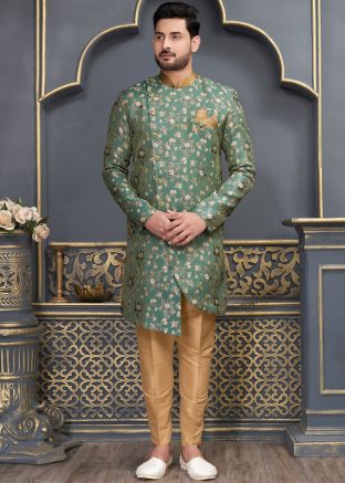 Green Jacquard Mens Indowestern Sherwani In Woven Work