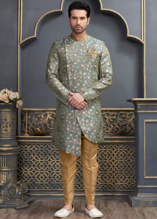Green Woven Work Indowestern Mens Sherwani In Jacquard