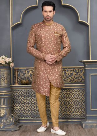 Brown Woven Indowestern Mens Jacquard Sherwani