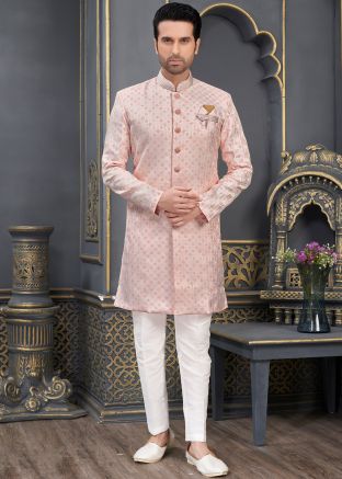 Pastel Pink Woven Detailed Mens Jacquard Sherwani