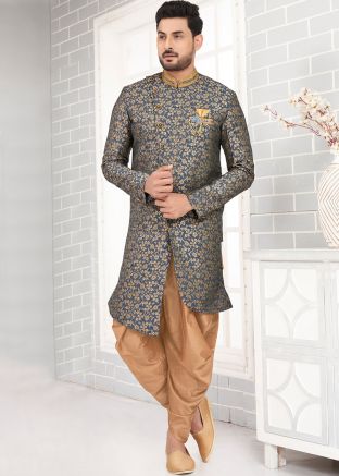 Grey Woven Indowestern Mens Jacquard Dhoti Sherwani Set