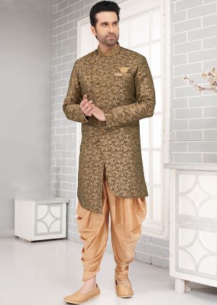Green Woven Mens Indowestern Dhoti Sherwani In Jacquard 
