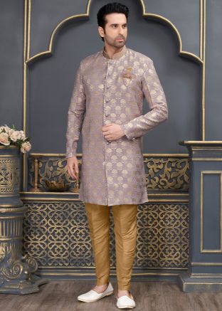 Mauve Purple Woven Mens Jacquard Sherwani Set