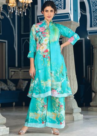 Blue Floral Print Readymade Co-Ord Set In Cotton