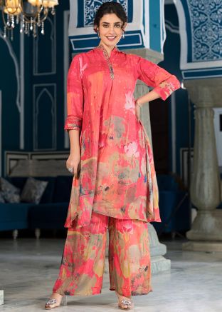 Coral Red Floral Print Readymade Co-Ord Set