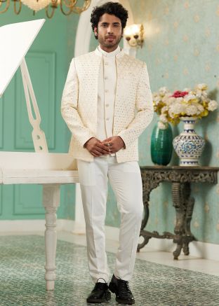 Cream Readymade Mens Art Silk Bandhgala Jodhpuri Jacket