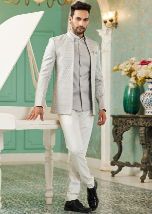 Grey Readymade Mens Bandhgala Jodhpuri Jacket In Art Silk