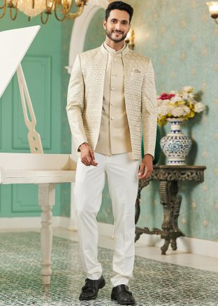 Beige Readymade Mens Art Silk Jodhpuri Jacket In Bandhgala Style