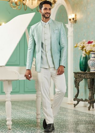 Pastel Green Readymade Mens Bandhgala Jodhpuri Jacket In Art Silk