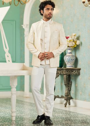 Cream Readymade Mens Art Silk Jodhpuri Jacket In Bandhgala Style