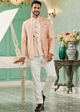 Peach Readymade Mens Art Silk Bandhgala Jodhpuri Jacket
