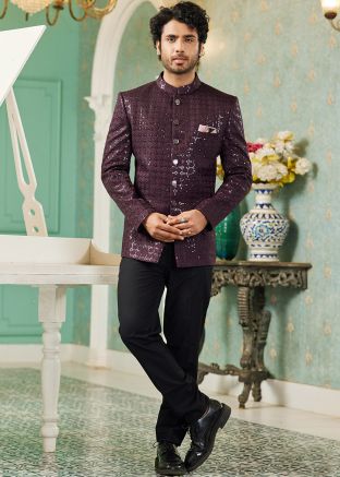 Wine Readymade Mens Art Silk Jodhpuri Suit In Bandhgala Style