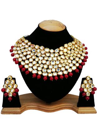 Golden Maroon Pearl And Kundan Necklace Set