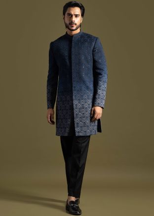 Shop Navy Blue Embroidered Indo Western Sherwani Set for Men Online USA