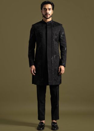 Black Embroidered Indo Western Sherwani Online USA Panash India