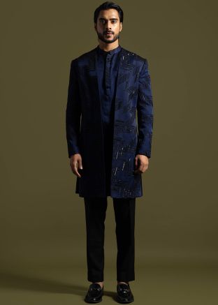 Navy Blue Kurta Pant & Embroidered Jacket