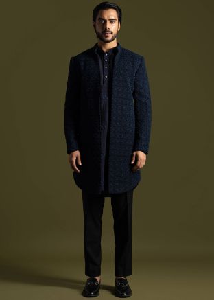 Blue Kurta & Pajama With Embroidered Jacket