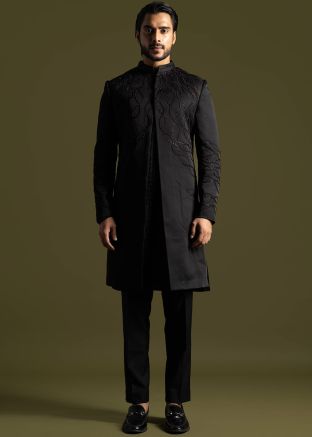 Black Kurta Pajama & Embroidered Jacket