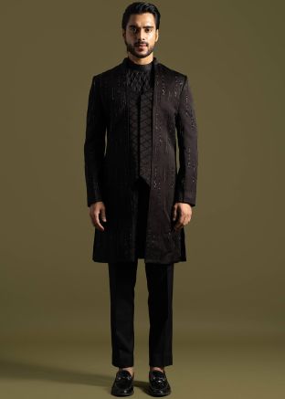 Black Kurta Pajama & Brown Embroidered Jacket