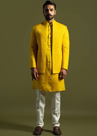 Mens Yellow Embroidered Kurta Pant & Jacket