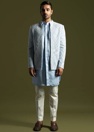 Blue Pintucks Kurta Pant & Embroidered Jacket