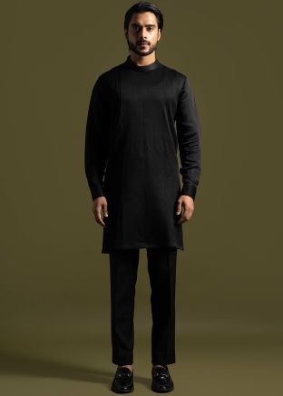 Mens Black Pintucks Kurta Pajama Set