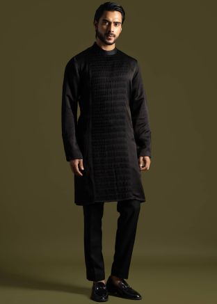 Readymade Black Mens Linen Kurta Pajama