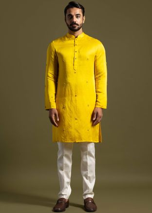 Yellow Embroidered Mens Kurta Pajama Set